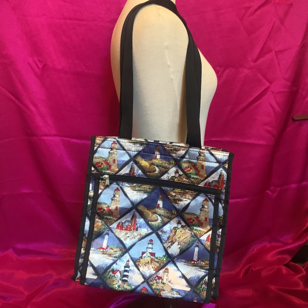 Silky satin soft Lighthouse bag. Zips closed. LARG zip pocket in front